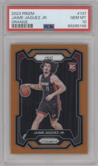 Jaime Jaquez Jr. from the 2023-24 Panini Prizm set featuring a Orange Prizm parallel graded by PSA and given an overall grade of 10.