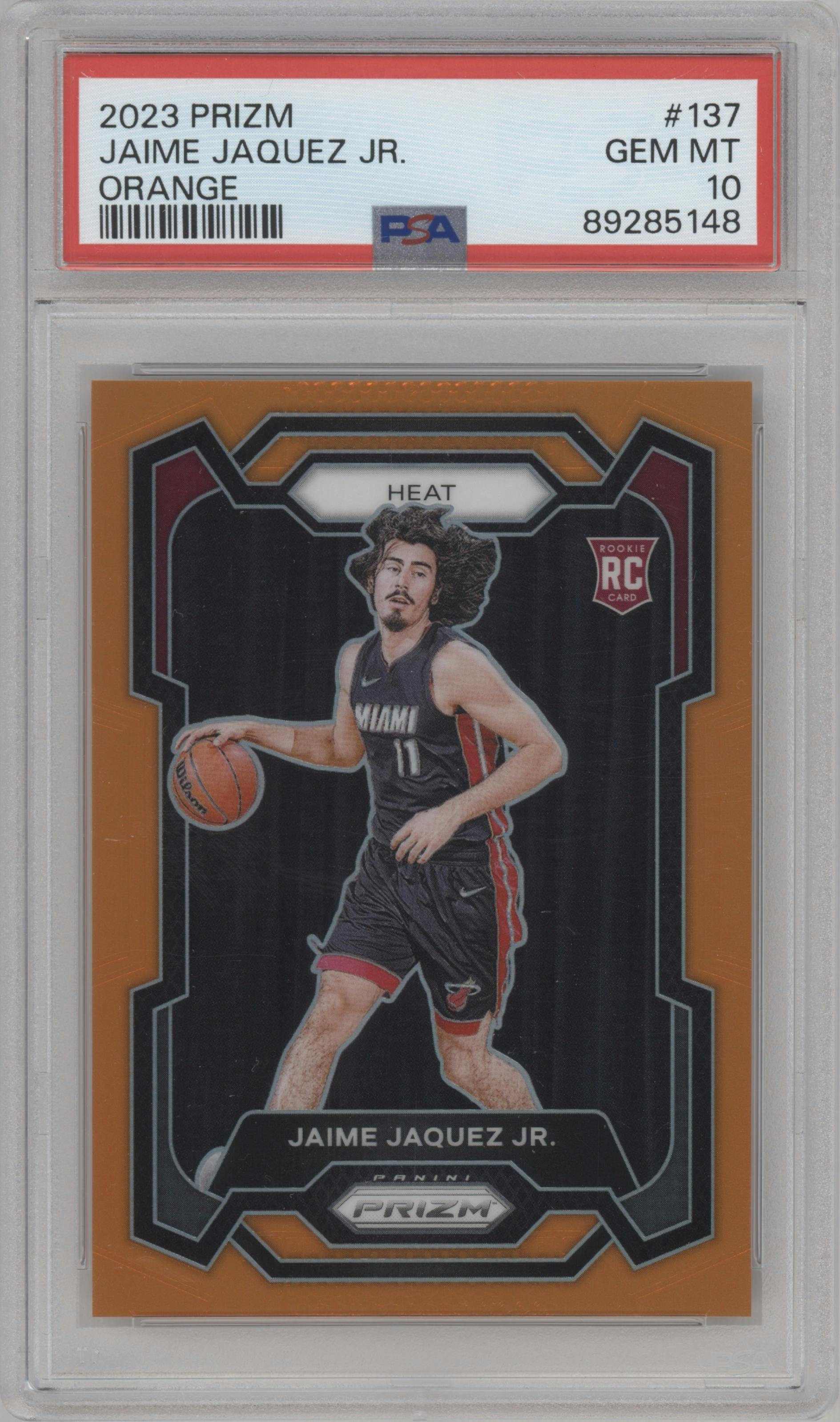 Jaime Jaquez Jr. from the 2023-24 Panini Prizm set featuring a Orange Prizm parallel graded by PSA and given an overall grade of 10.