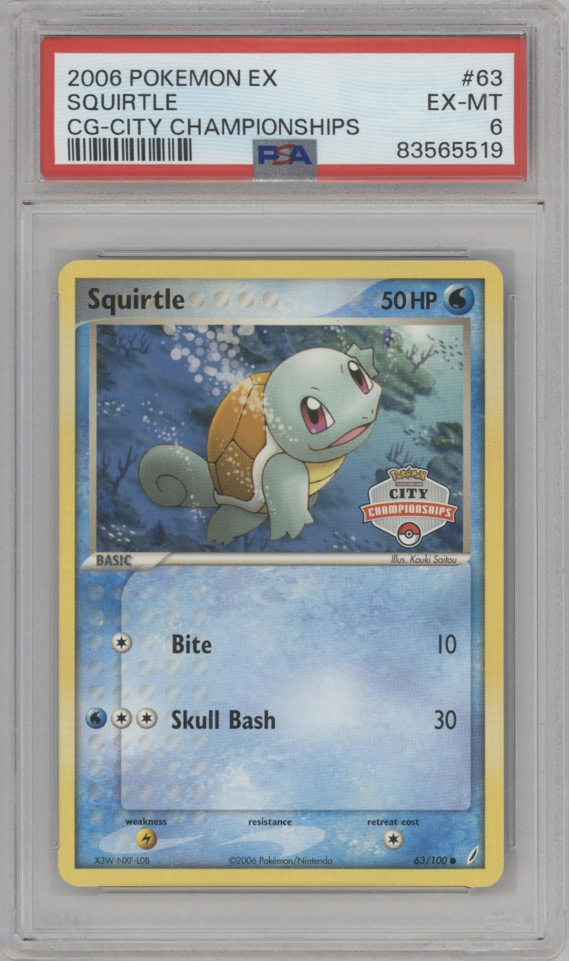 Squirtle from the 2006 Pokemon EX set featuring a National Championships parallel graded by PSA and given an overall grade of 6.