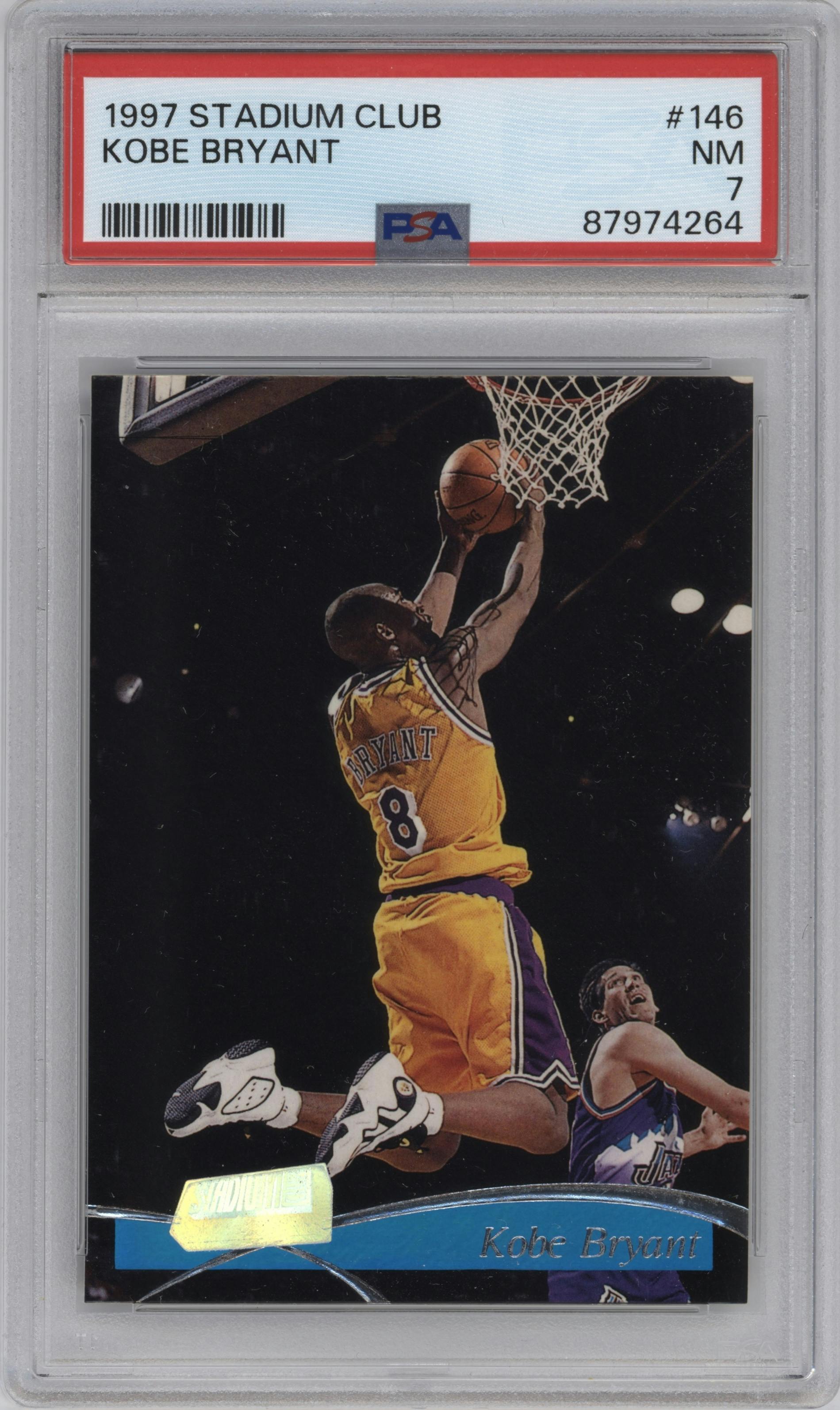 Kobe Bryant from the 1997-98 Topps Stadium Club set graded by PSA and given an overall grade of 7.