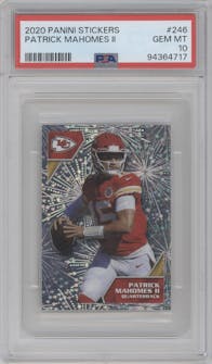Patick Mahomes II from the 2020 Panini NFL Sticker & Card set graded by PSA and given an overall grade of 10.
