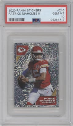 Patick Mahomes II from the 2020 Panini NFL Sticker & Card set graded by PSA and given an overall grade of 10.