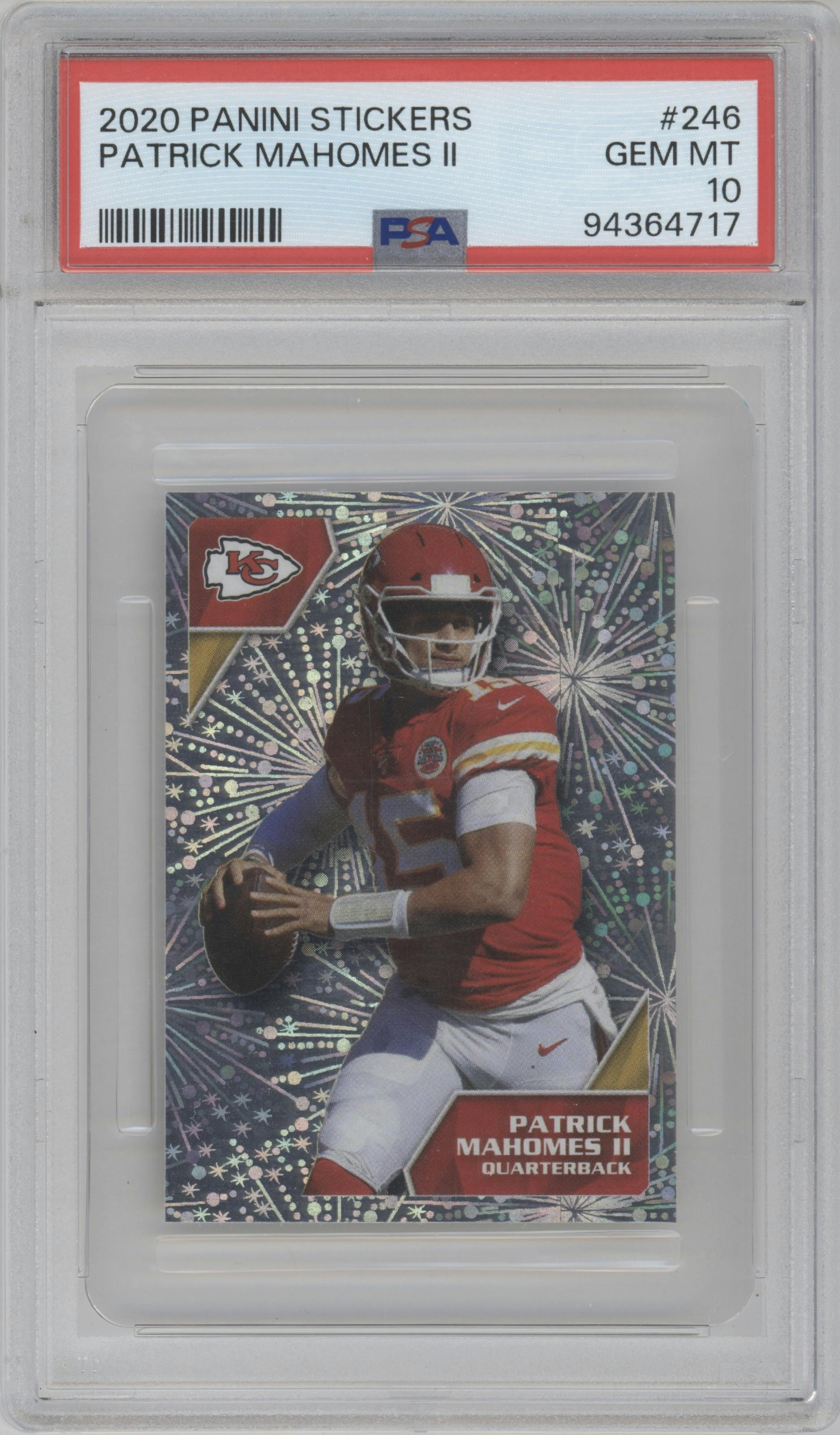 Patick Mahomes II from the 2020 Panini NFL Sticker & Card set graded by PSA and given an overall grade of 10.