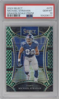 Michael Strahan from the 2023 Panini Select set featuring a Dragon Scale parallel graded by PSA and given an overall grade of 10.