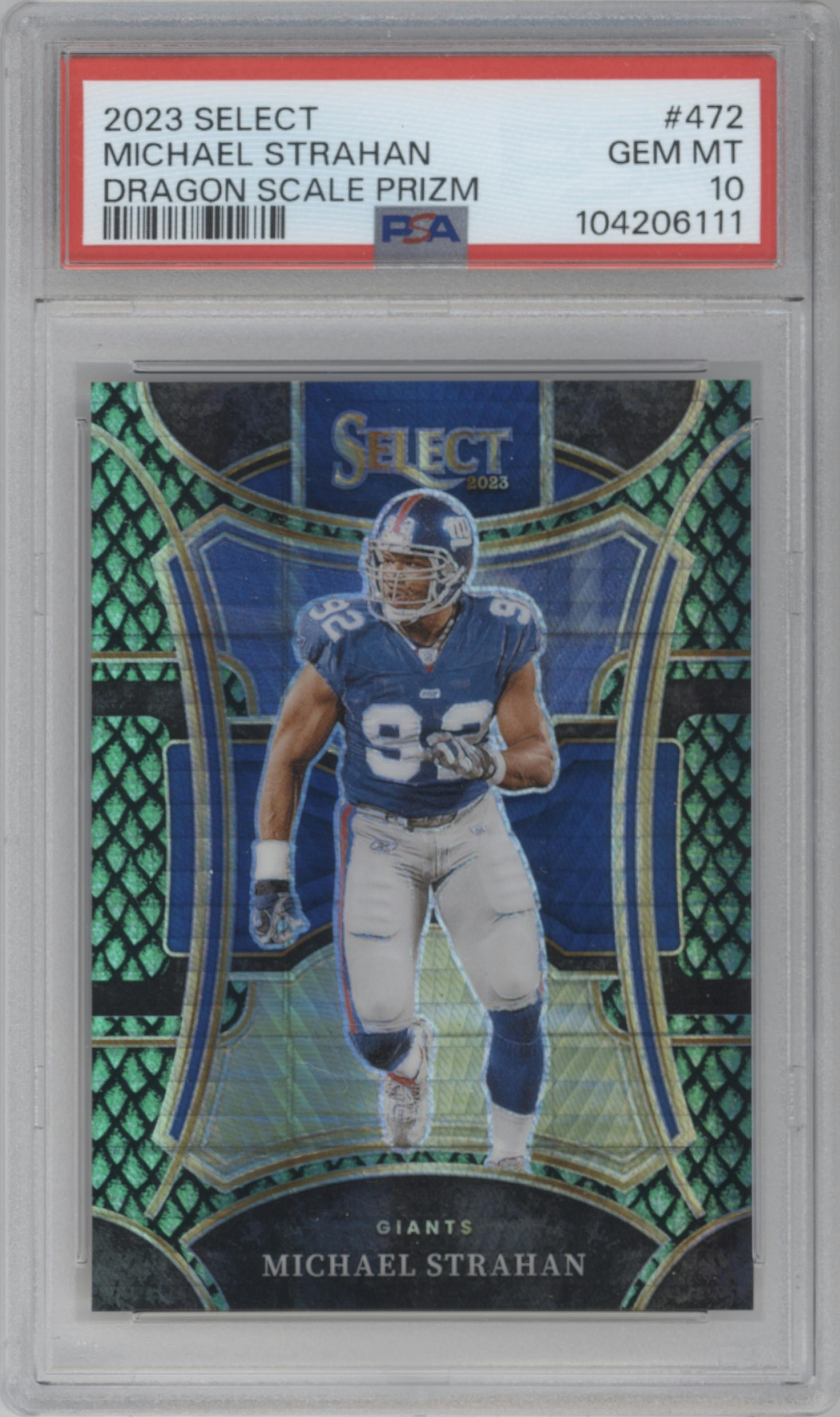 Michael Strahan from the 2023 Panini Select set featuring a Dragon Scale parallel graded by PSA and given an overall grade of 10.