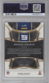 Michael Strahan from the 2023 Panini Select set featuring a Dragon Scale parallel graded by PSA and given an overall grade of 10.