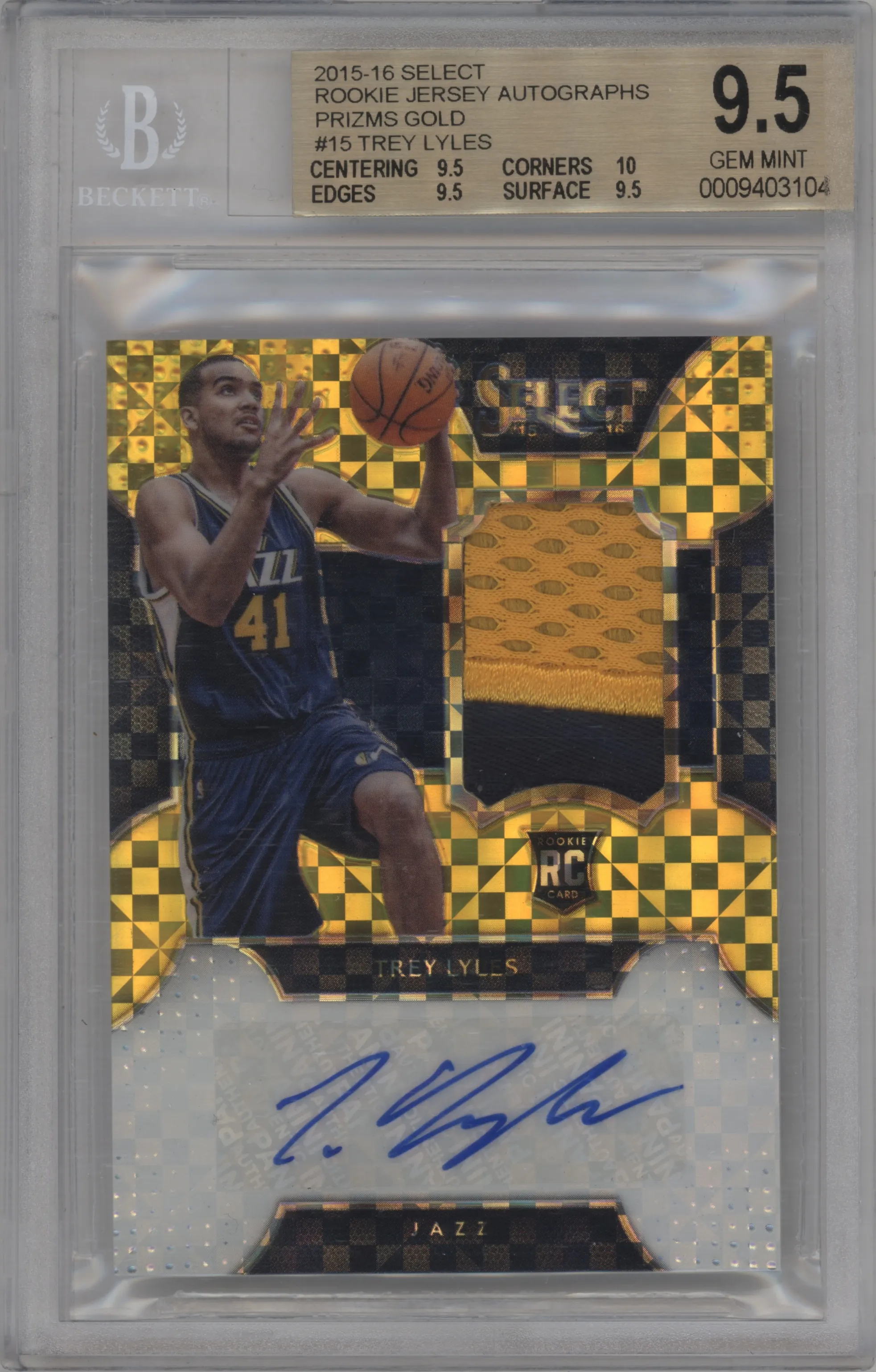 2015 Panini Select Rke.Auto Mat. Trey Lyles Gold Prizm BGS 9.5