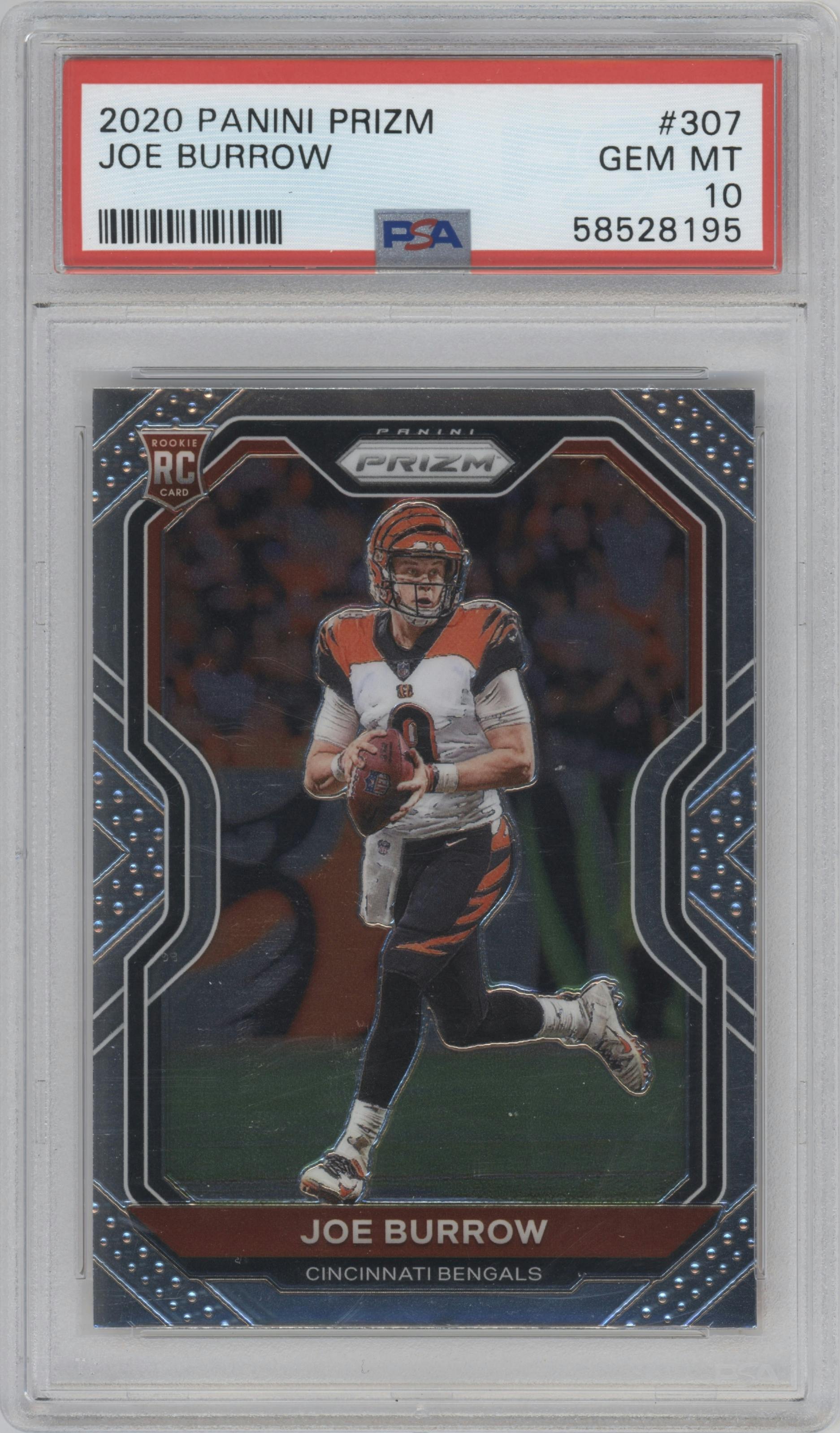 Joe Burrow from the 2020 Panini Prizm set graded by PSA and given an overall grade of 10.