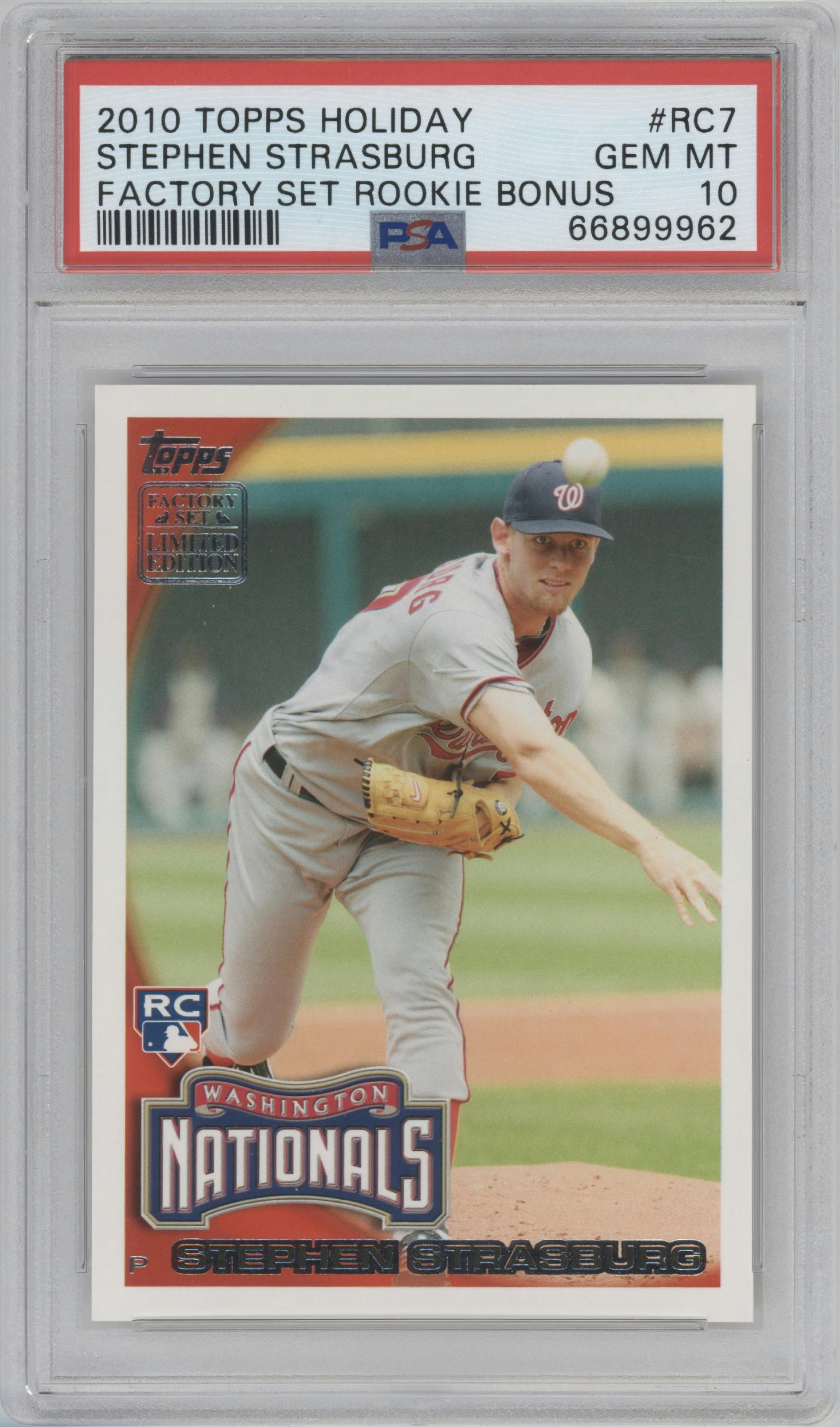 Stephen Strasburg from the 2010 Topps set graded by PSA and given an overall grade of 10.