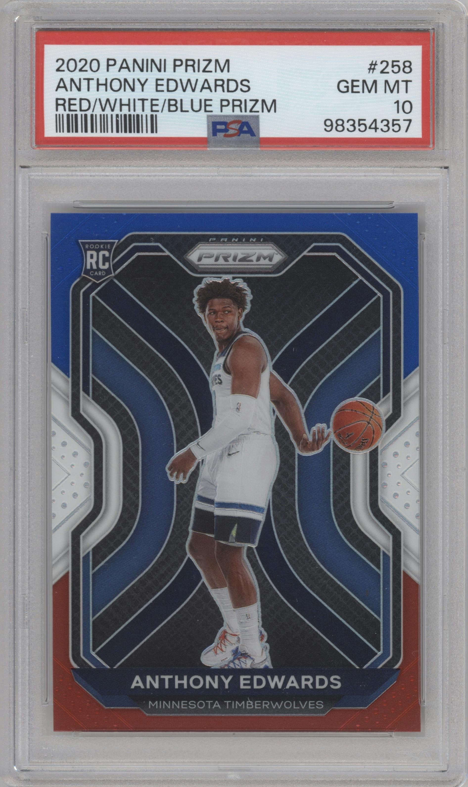 Anthony Edwards from the 2020-21 Panini Prizm set featuring a Red/White/Blue Prizm parallel graded by PSA and given an overall grade of 10.