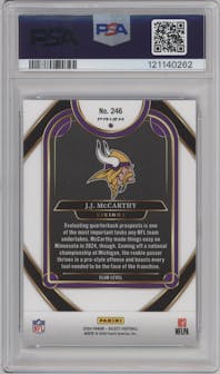 J.J. McCarthy from the 2024 Panini Select set featuring a Zebra parallel graded by PSA and given an overall grade of 10.