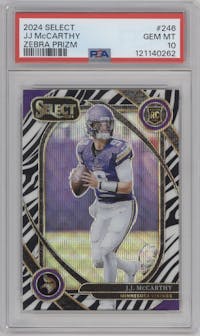 J.J. McCarthy from the 2024 Panini Select set featuring a Zebra parallel graded by PSA and given an overall grade of 10.