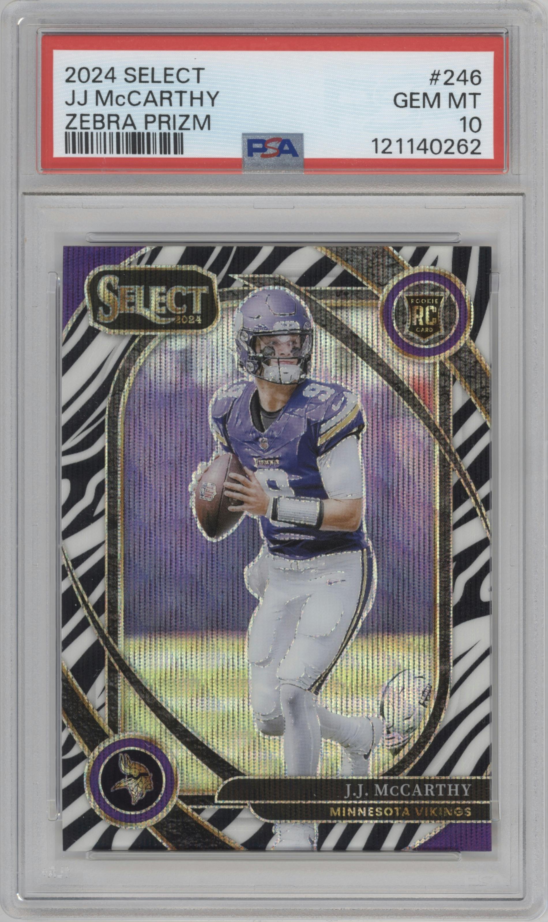 J.J. McCarthy from the 2024 Panini Select set featuring a Zebra parallel graded by PSA and given an overall grade of 10.