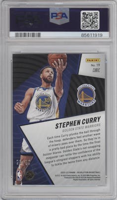 Stephen Curry from the 2022-23 Panini Revolution  set featuring a Cubic parallel graded by PSA and given an overall grade of 10.