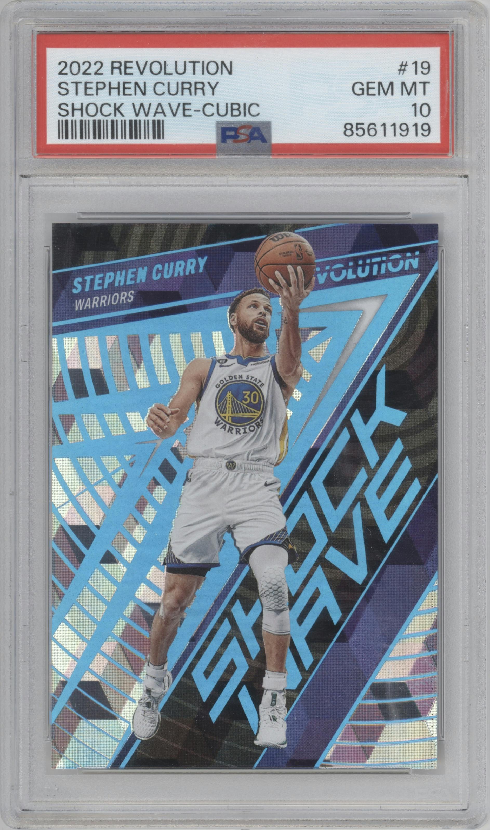 Stephen Curry from the 2022-23 Panini Revolution  set featuring a Cubic parallel graded by PSA and given an overall grade of 10.