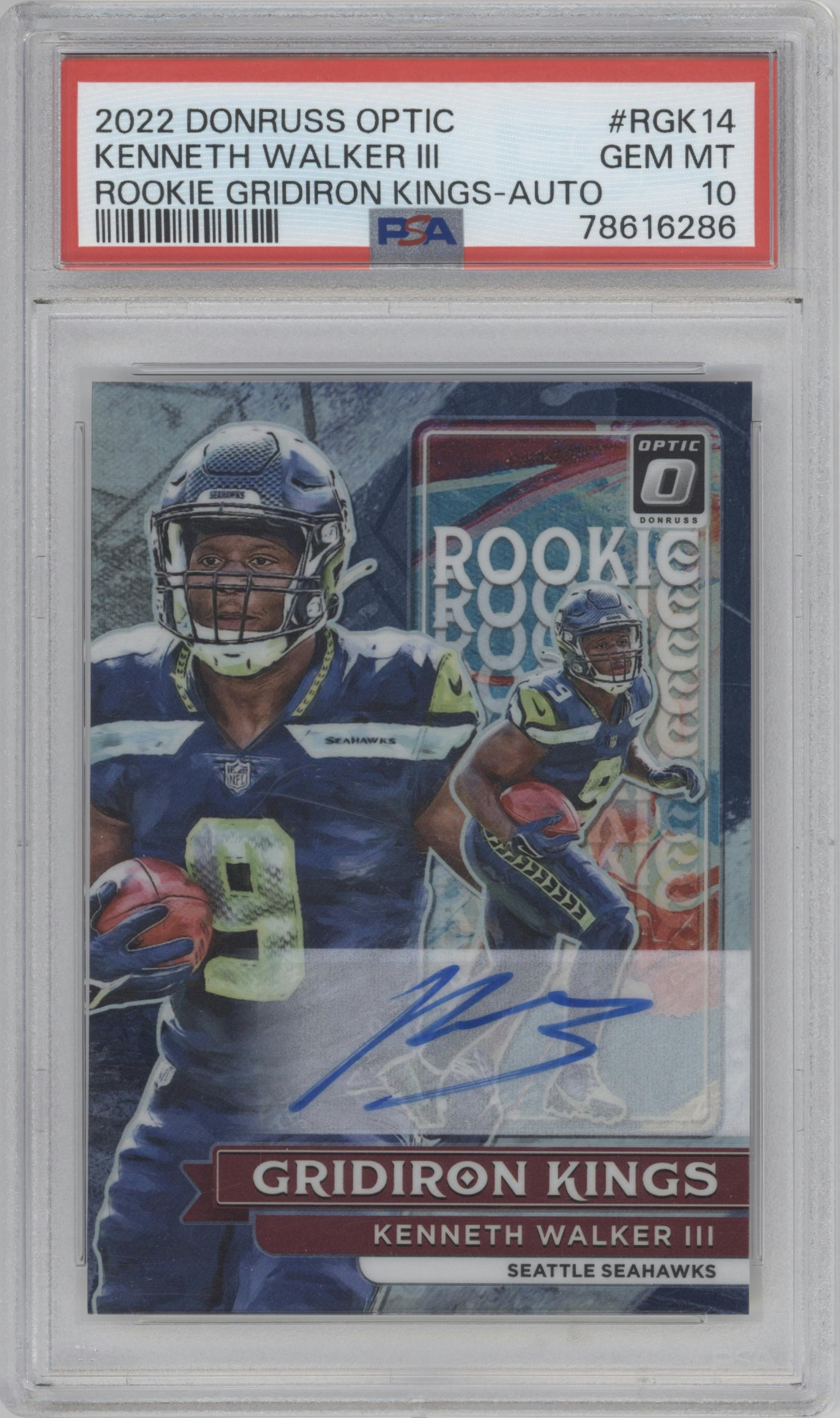 Kenneth Walker III from the 2022 Panini Donruss Optic set graded by PSA and given an overall grade of 10.