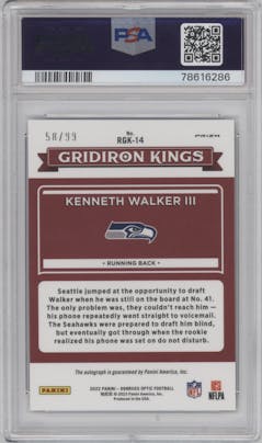 Kenneth Walker III from the 2022 Panini Donruss Optic set graded by PSA and given an overall grade of 10.