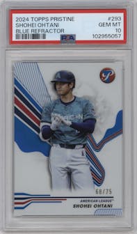 Shohei Ohtani from the 2024 Topps Pristine set featuring a Blue Refractor parallel graded by PSA and given an overall grade of 10.