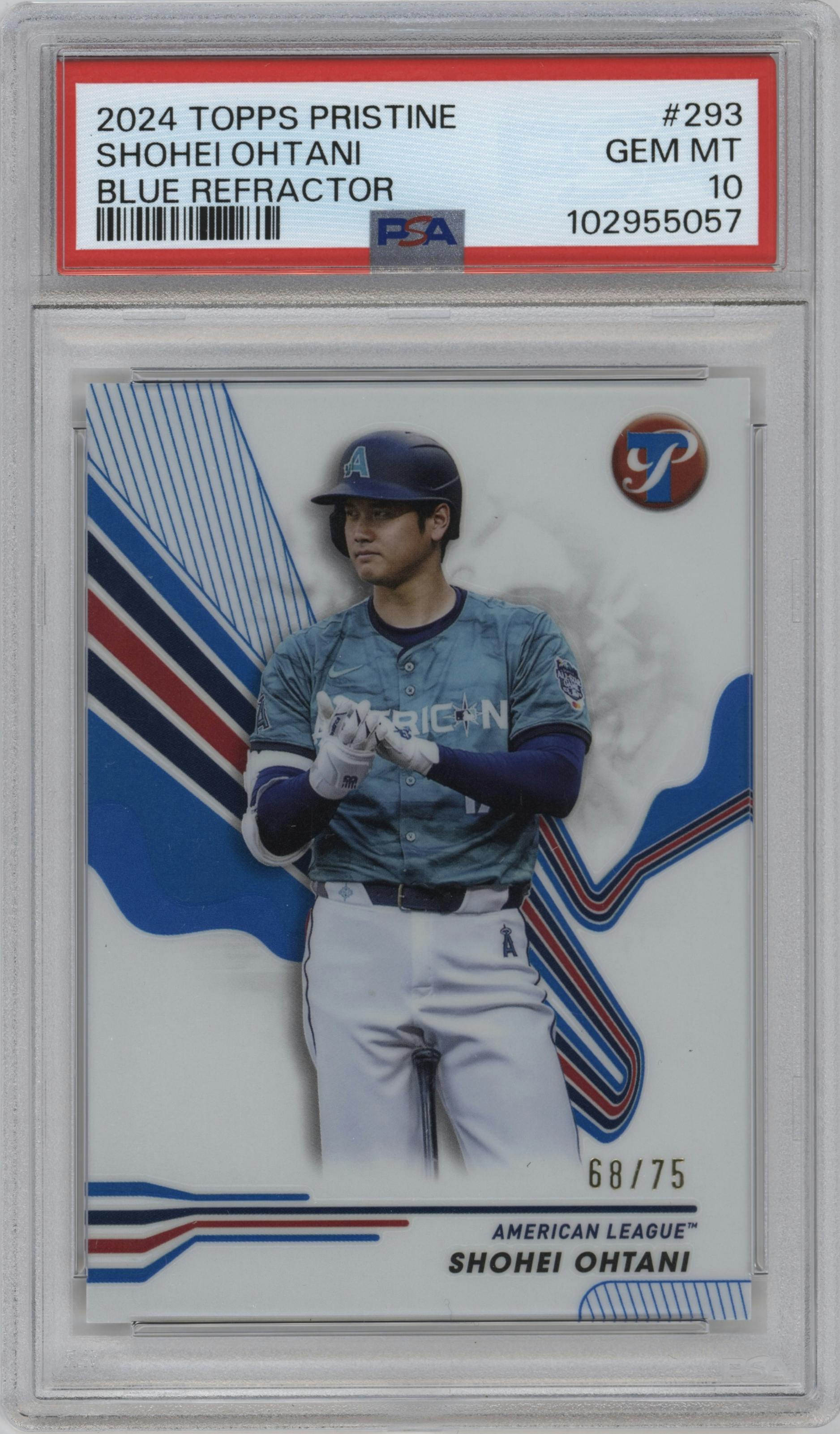 Shohei Ohtani from the 2024 Topps Pristine set featuring a Blue Refractor parallel graded by PSA and given an overall grade of 10.