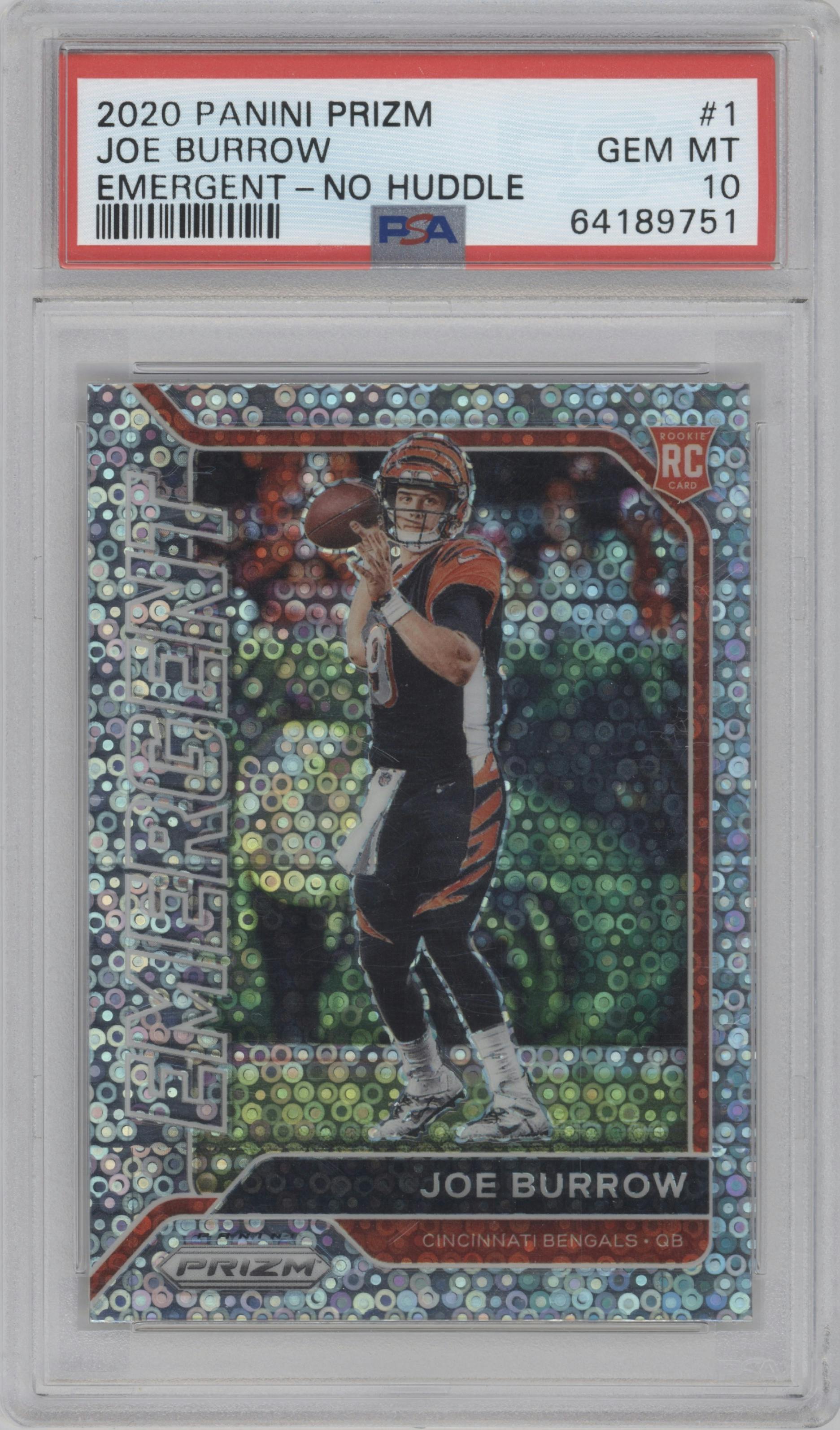 Joe Burrow from the 2020 Panini Prizm set featuring a No Huddle parallel graded by PSA and given an overall grade of 10.