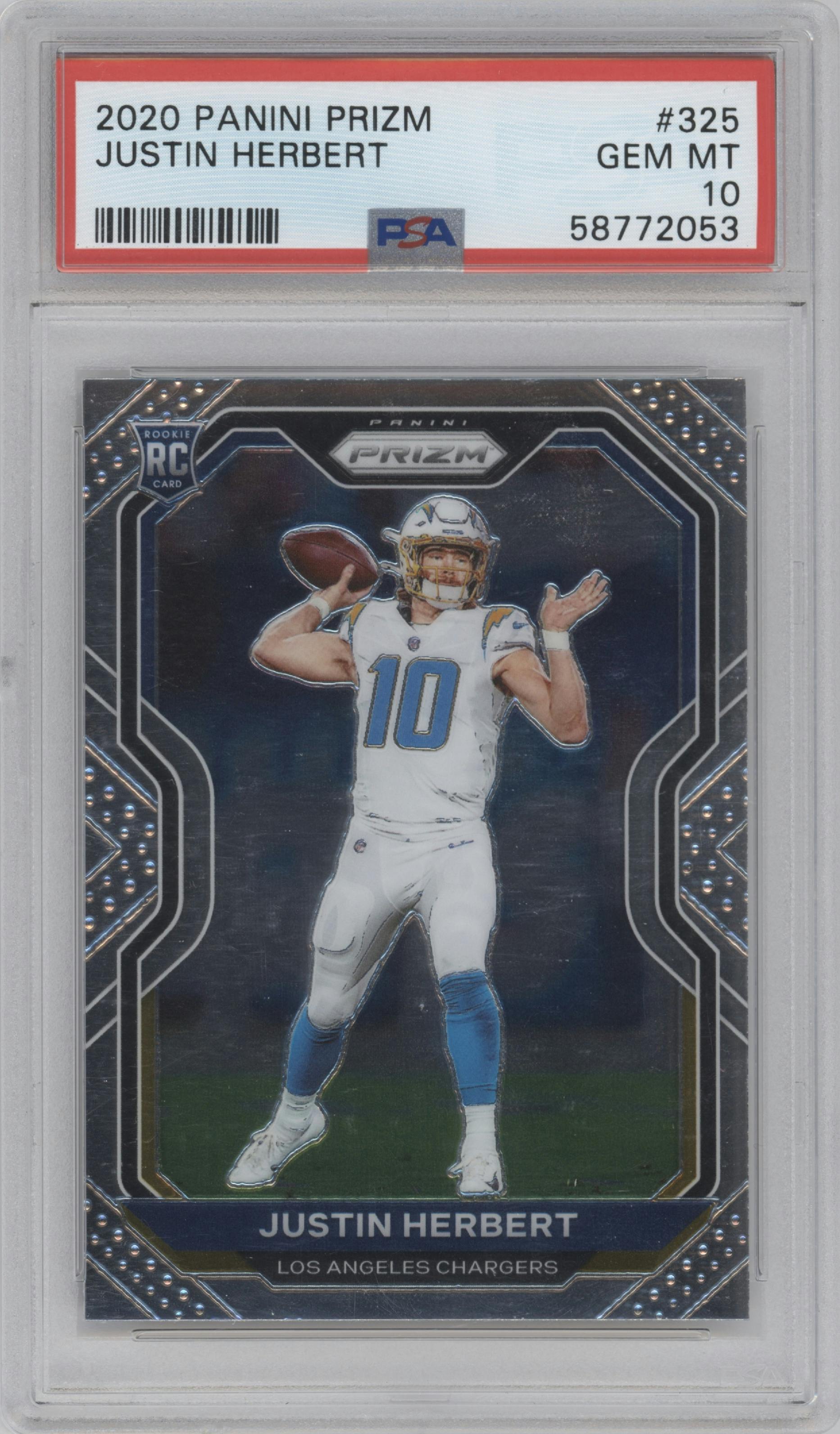 Justin Herbert from the 2020 Panini Prizm set graded by PSA and given an overall grade of 10.