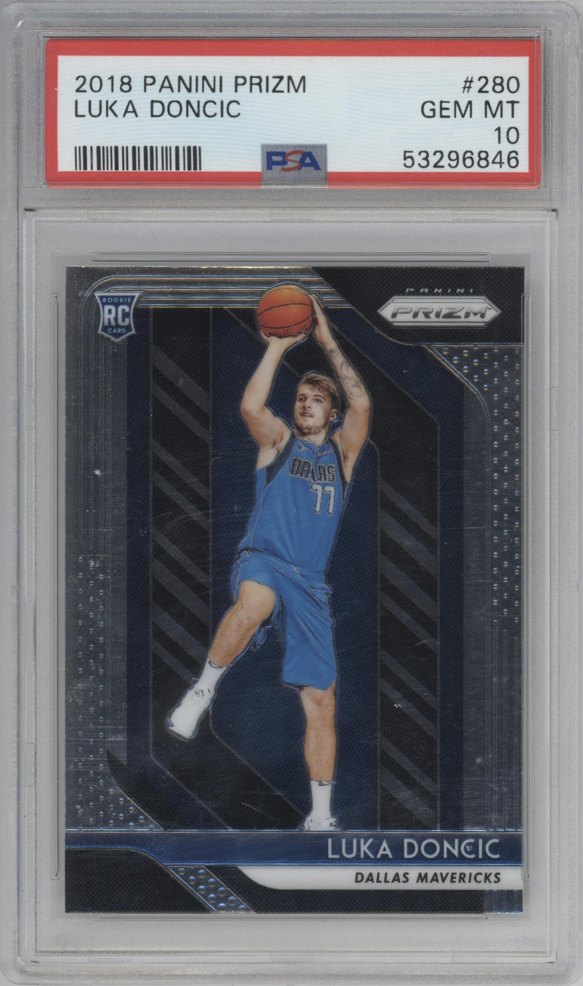 Luka Doncic from the 2018-19 Panini Prizm set graded by PSA and given an overall grade of 10.