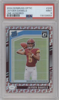 Jayden Daniels from the 2024 Donruss Optic set featuring a One Hundred parallel graded by PSA and given an overall grade of 9.