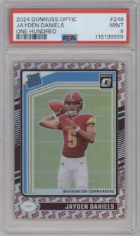 Jayden Daniels from the 2024 Donruss Optic set featuring a One Hundred parallel graded by PSA and given an overall grade of 9.