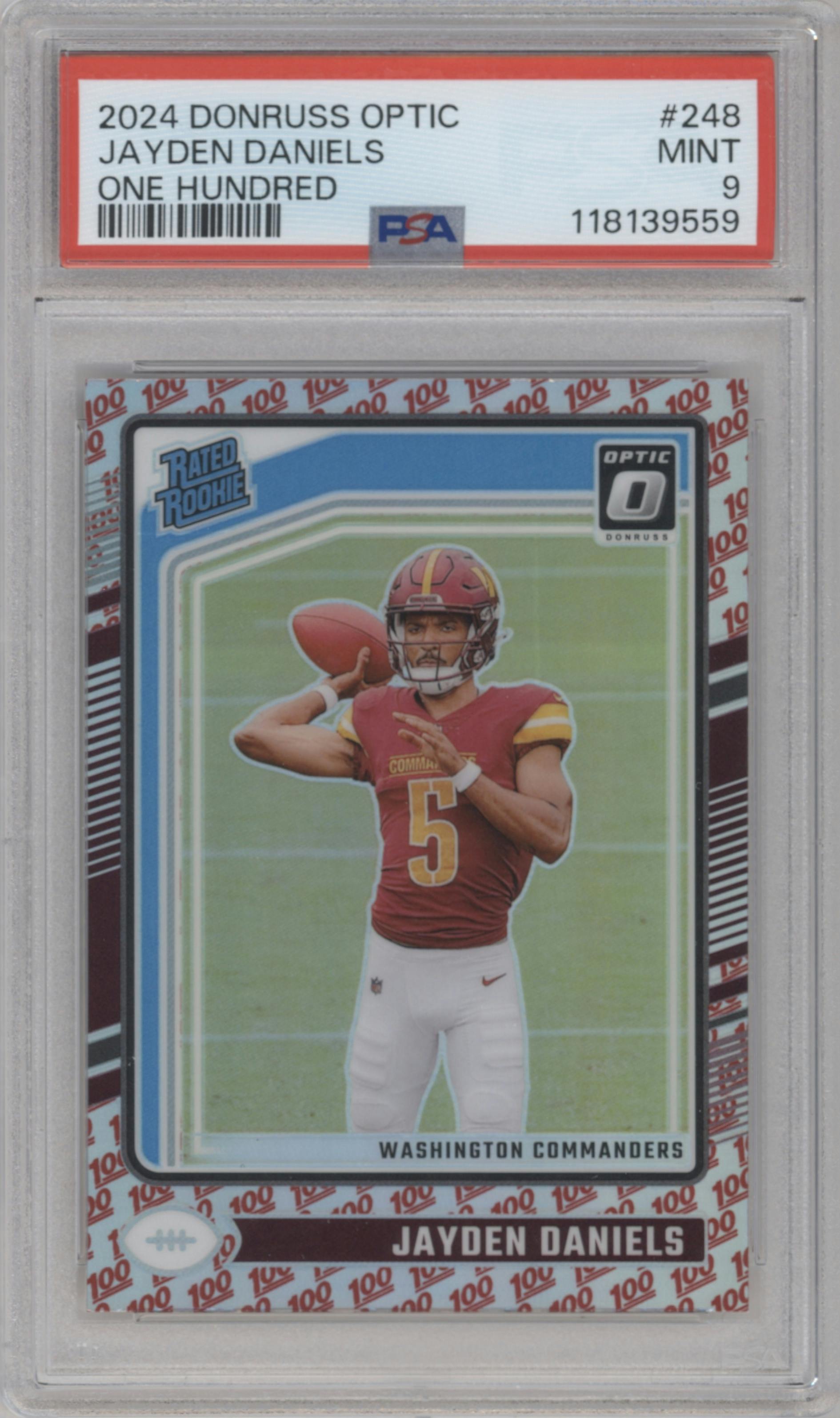Jayden Daniels from the 2024 Donruss Optic set featuring a One Hundred parallel graded by PSA and given an overall grade of 9.