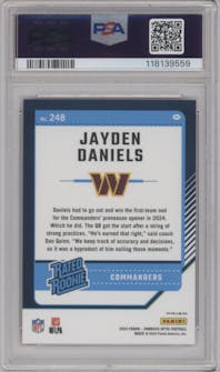Jayden Daniels from the 2024 Donruss Optic set featuring a One Hundred parallel graded by PSA and given an overall grade of 9.
