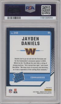 Jayden Daniels from the 2024 Donruss Optic set featuring a One Hundred parallel graded by PSA and given an overall grade of 9.