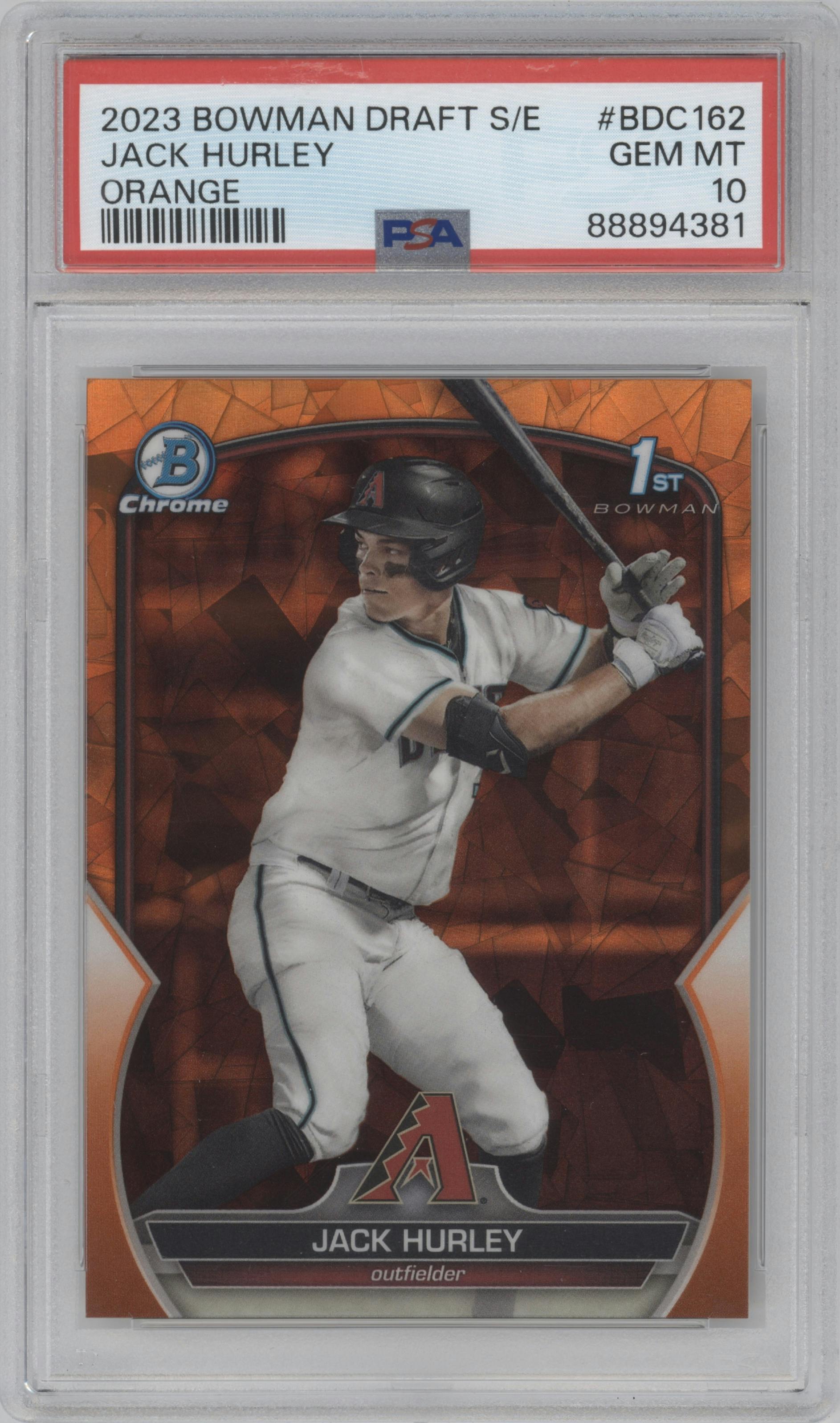 Jack Hurley from the 2023 Bowman Draft Sapphire set featuring a Orange parallel graded by PSA and given an overall grade of 10.