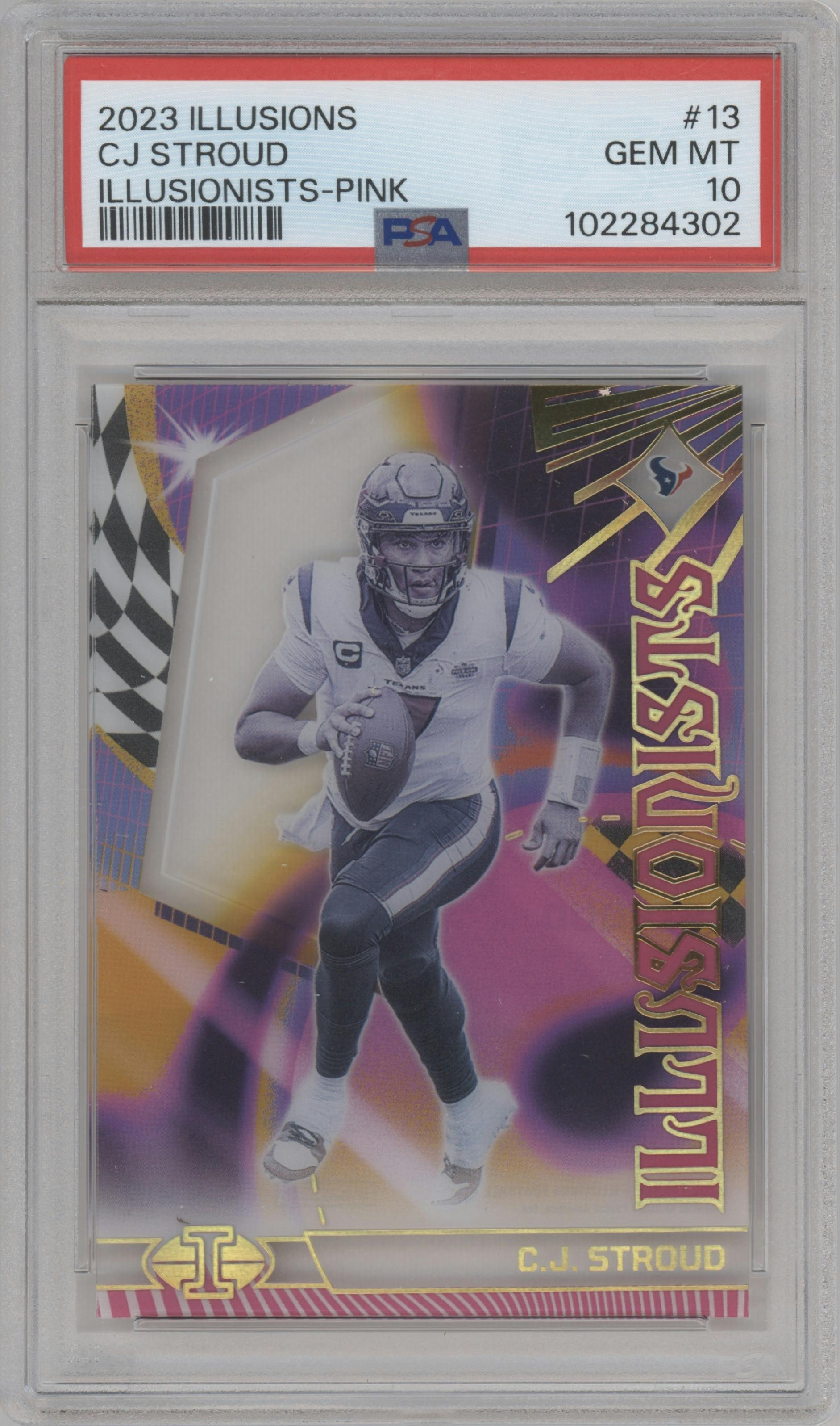 C.J. Stroud from the 2023 Panini Illusions set featuring a Pink parallel graded by PSA and given an overall grade of 10.