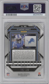 D'Andre Swift from the 2022 Panini Prizm set featuring a Blue Wave parallel graded by PSA and given an overall grade of 10.