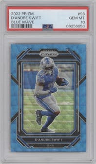 D'Andre Swift from the 2022 Panini Prizm set featuring a Blue Wave parallel graded by PSA and given an overall grade of 10.