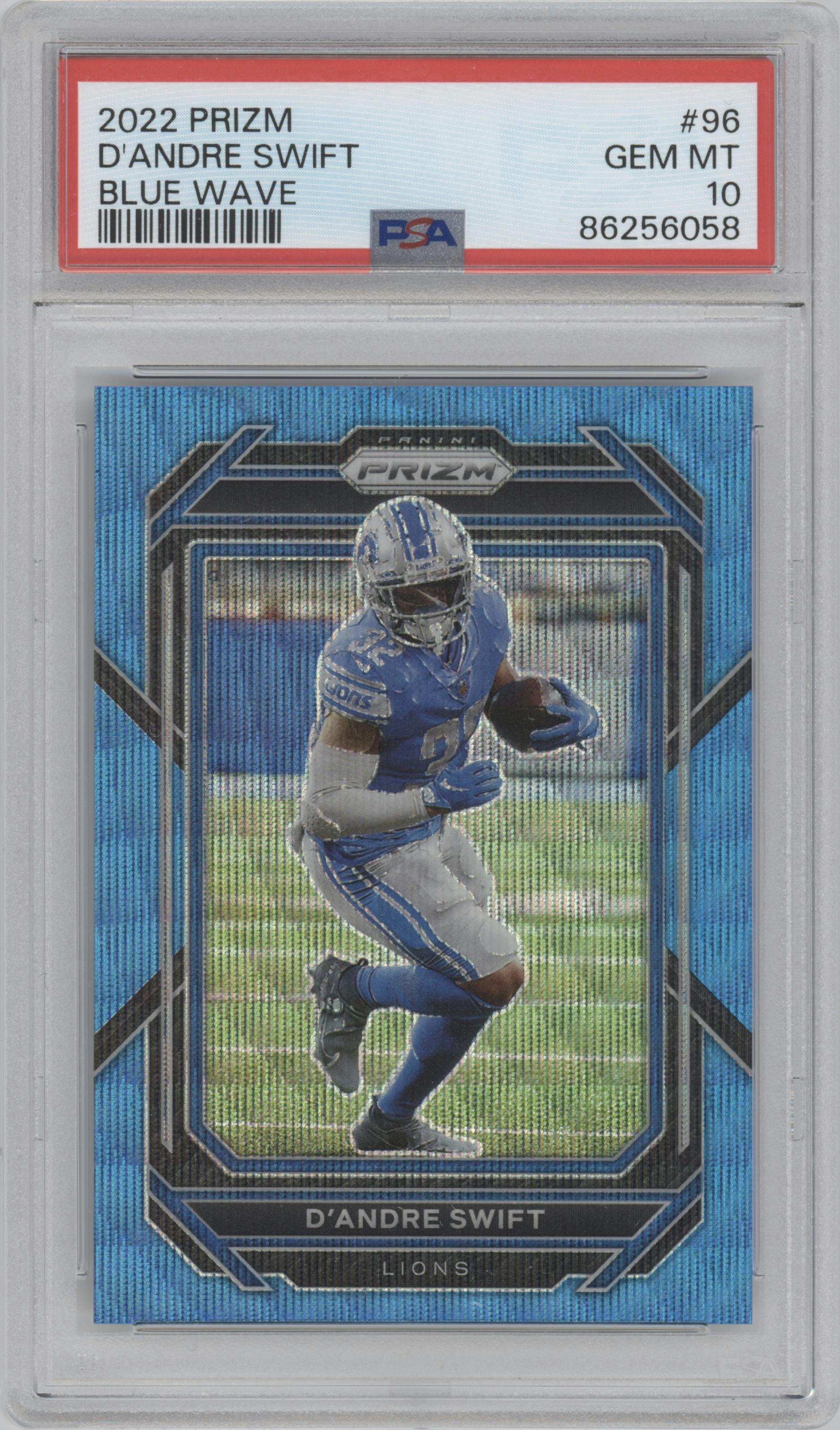 D'Andre Swift from the 2022 Panini Prizm set featuring a Blue Wave parallel graded by PSA and given an overall grade of 10.