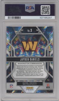 Jayden Daniels from the 2024 Panini Prizm set featuring a Green Prizm parallel graded by PSA and given an overall grade of 10.