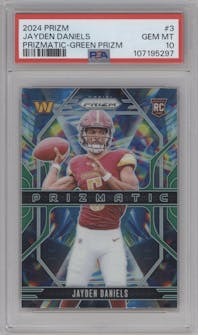 Jayden Daniels from the 2024 Panini Prizm set featuring a Green Prizm parallel graded by PSA and given an overall grade of 10.