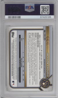 Jackson Chourio from the 2022 Bowman Chrome set graded by PSA and given an overall grade of 10.