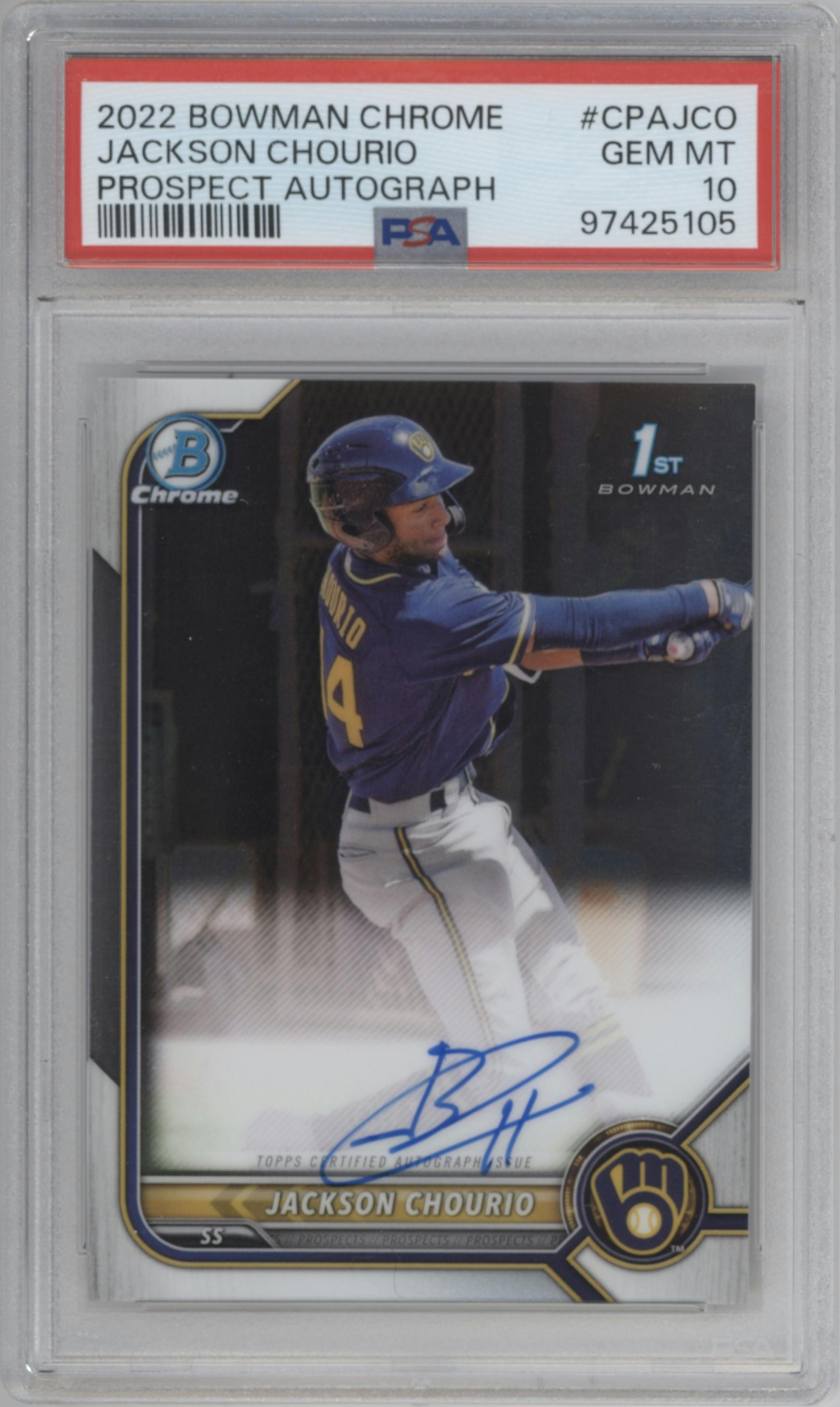 Jackson Chourio from the 2022 Bowman Chrome set graded by PSA and given an overall grade of 10.