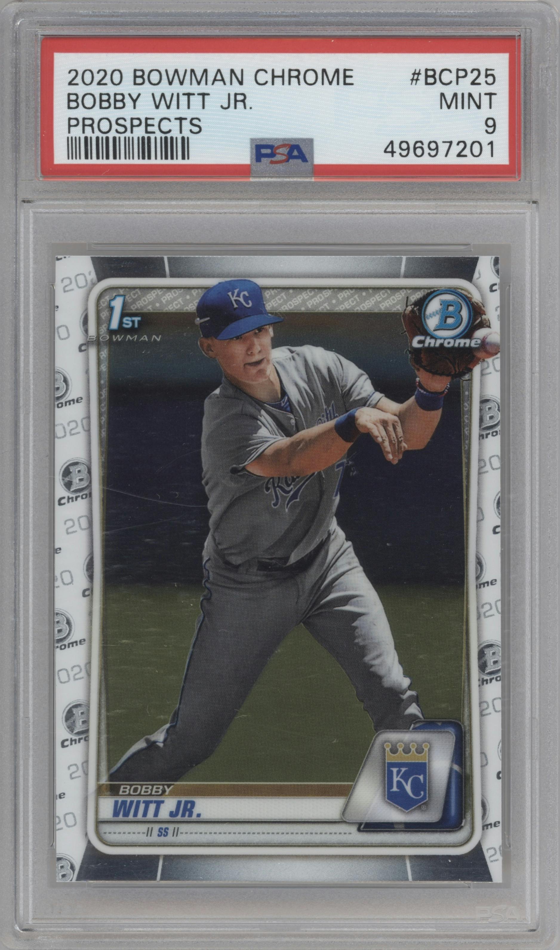 Bobby Witt Jr. from the 2020 Bowman set graded by PSA and given an overall grade of 9.