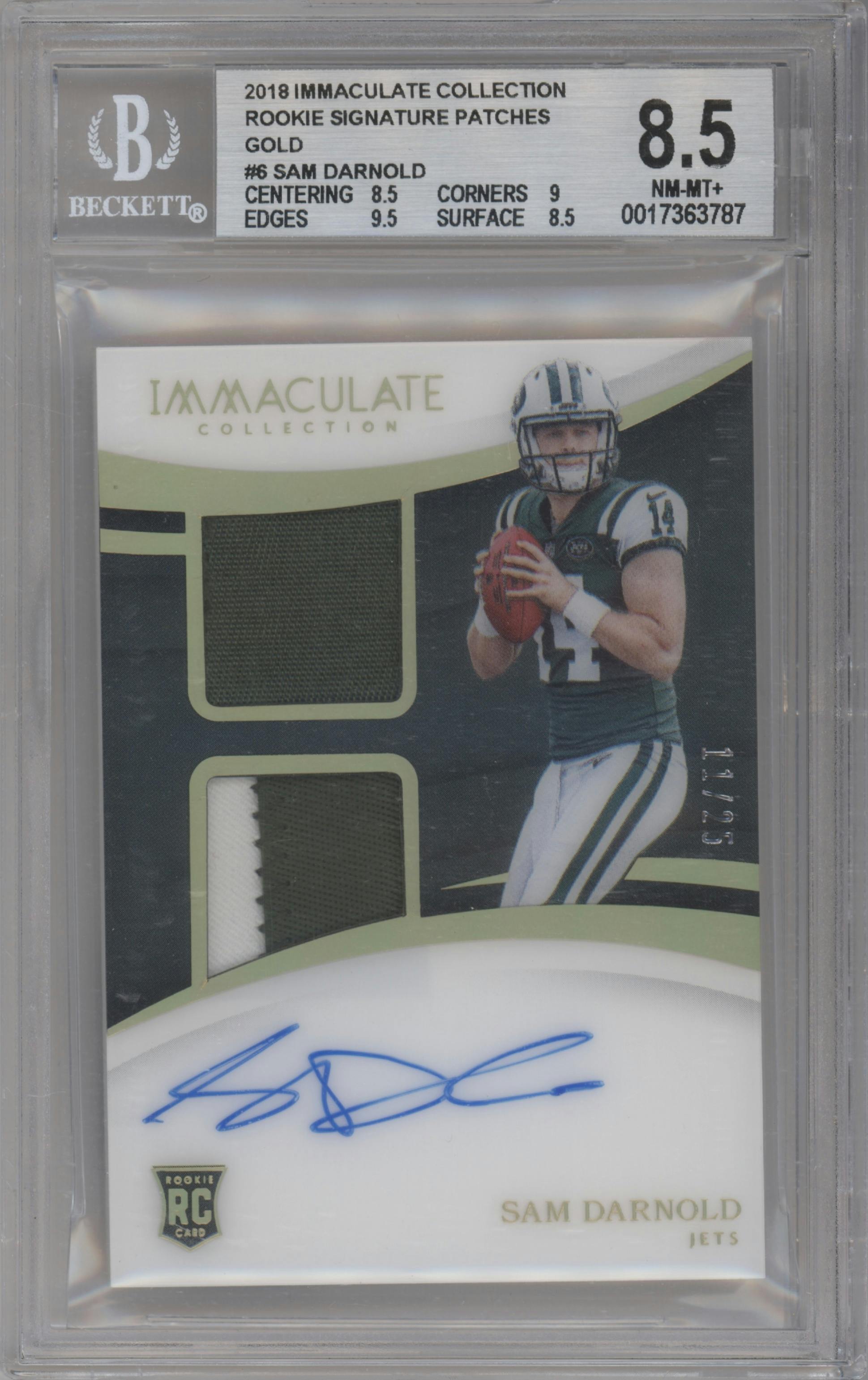 Sam Darnold from the 2018 Panini Immaculate Collection set featuring a Gold parallel graded by Beckett and given an overall grade of 8.5.
