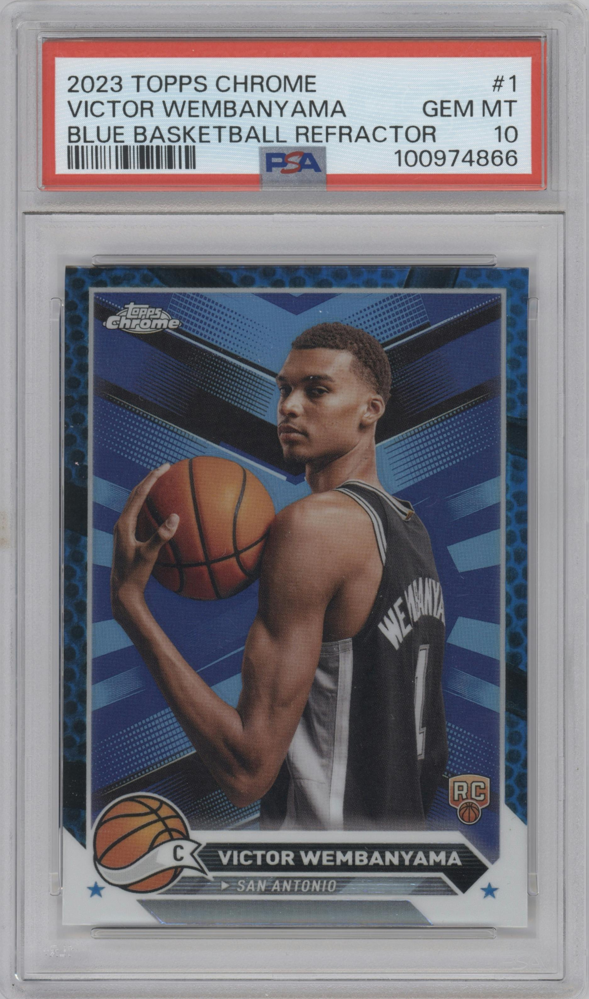 Victor Wembanyama from the 2023-24 Topps Chrome set featuring a Blue Basketball Refractor parallel graded by PSA and given an overall grade of 10.