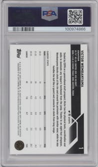 Victor Wembanyama from the 2023-24 Topps Chrome set featuring a Blue Basketball Refractor parallel graded by PSA and given an overall grade of 10.