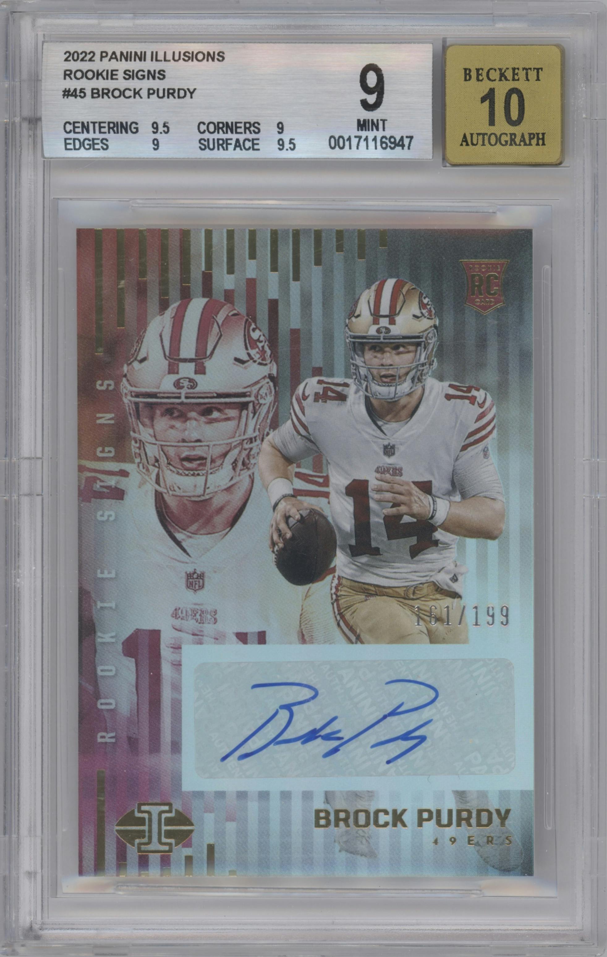 Brock Purdy from the 2022 Panini Illusions set graded by Beckett and given an overall grade of 9.