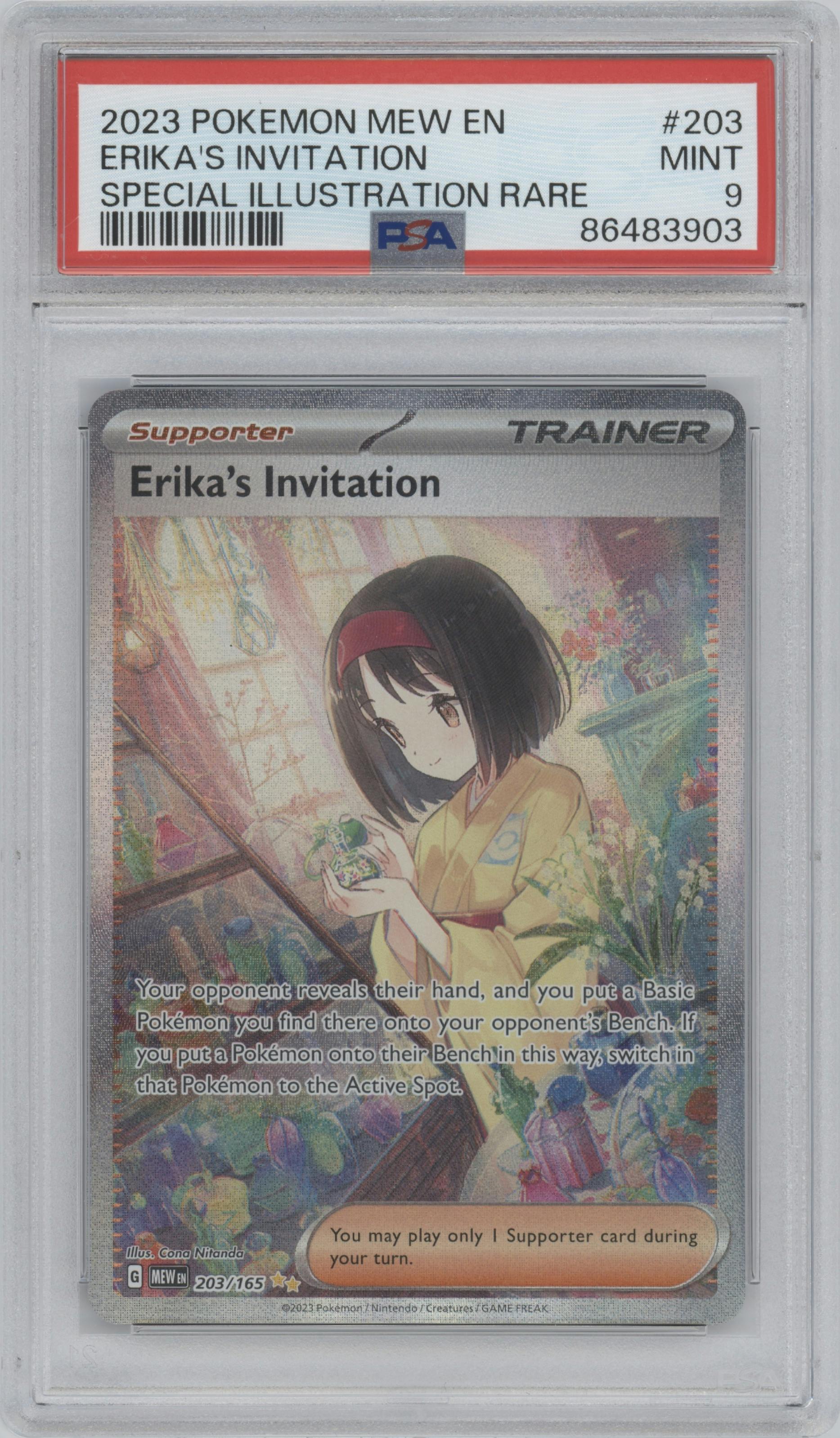 Erika's Invitation from the 2023 Pokemon SV set graded by PSA and given an overall grade of 9.