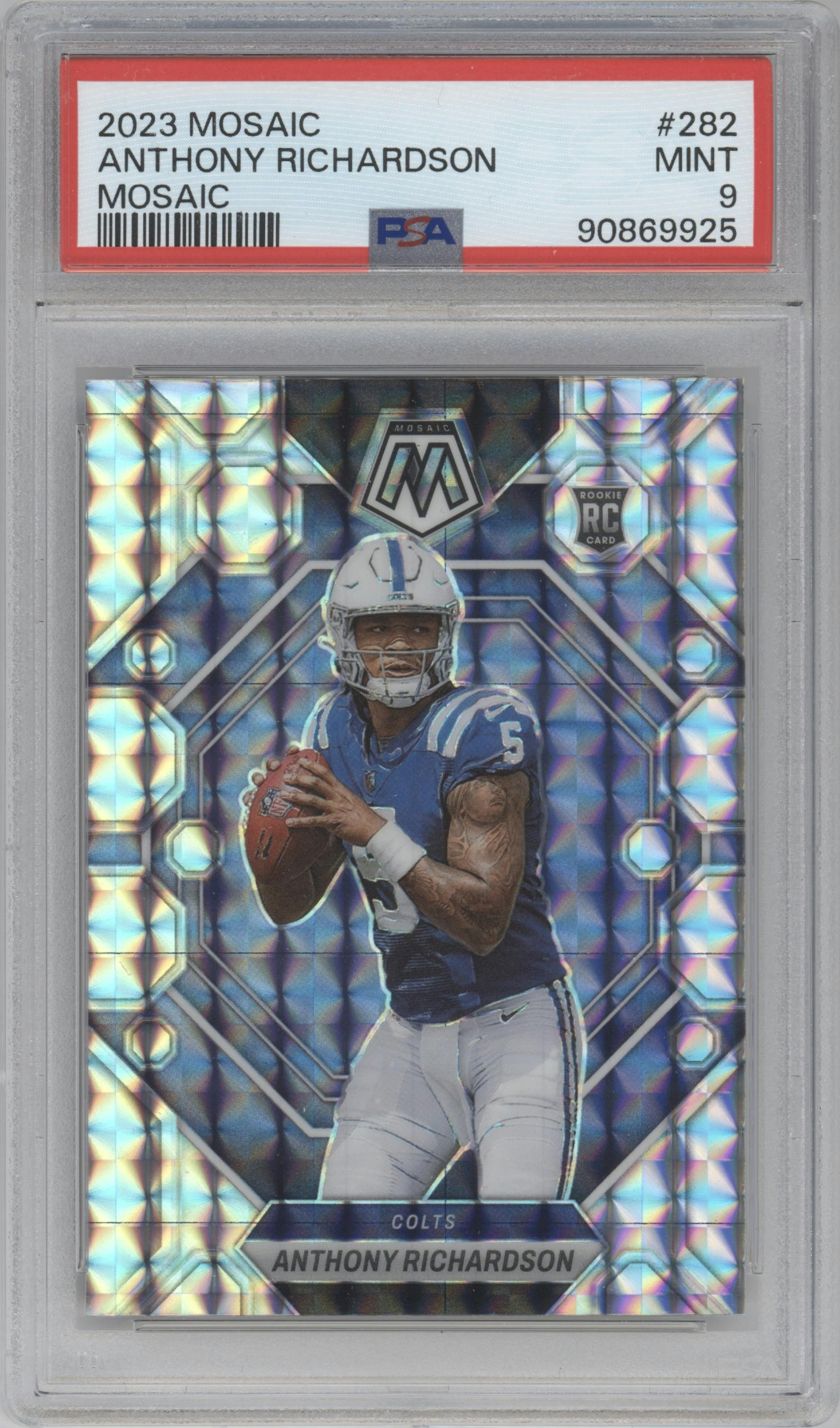 Anthony Richardson from the 2023 Panini Mosaic set featuring a Mosaic parallel graded by PSA and given an overall grade of 9.