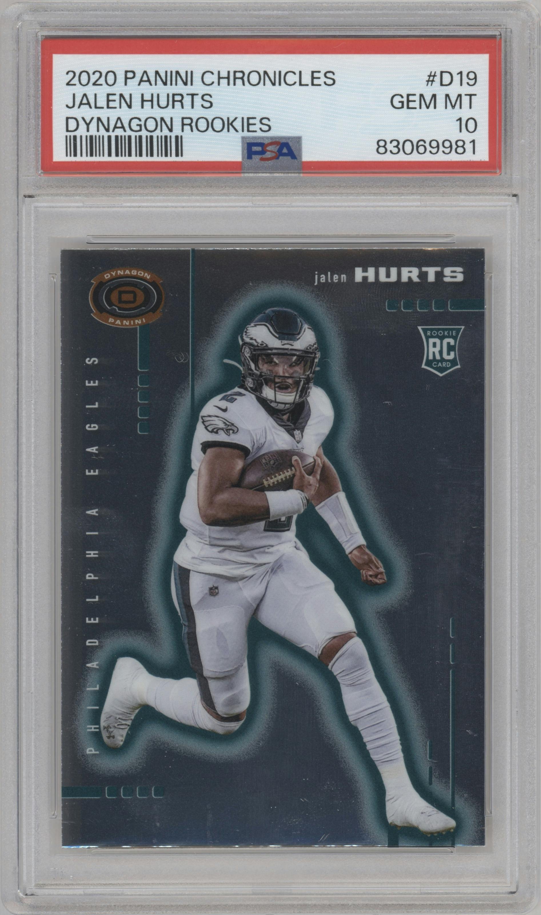 Jalen Hurts from the 2020 Panini Chronicles set graded by PSA and given an overall grade of 10.