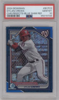 Dylan Crews from the 2024 Bowman set featuring a Blue Shimmer Refractors parallel graded by PSA and given an overall grade of 10.