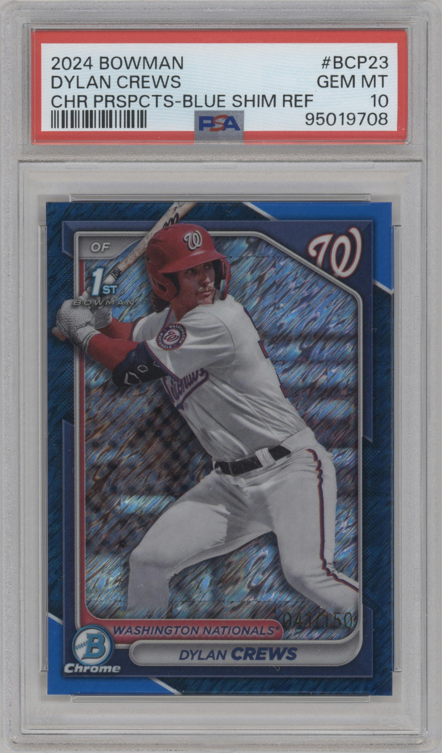 Dylan Crews from the 2024 Bowman set featuring a Blue Shimmer Refractors parallel graded by PSA and given an overall grade of 10.